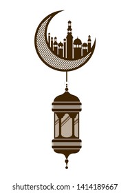 moon hanging with ramadan kareem mosque buildings