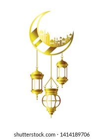 moon hanging with ramadan kareem mosque buildings