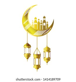 moon hanging with ramadan kareem mosque buildings