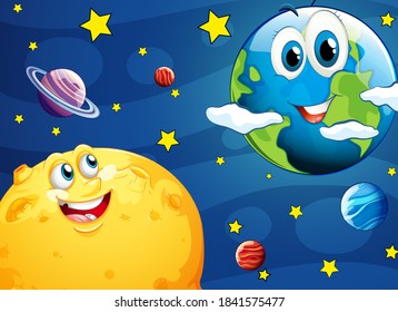 Moon with happy face with the earth on space galaxy theme background illustration