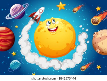 Moon with happy face on space galaxy theme background illustration