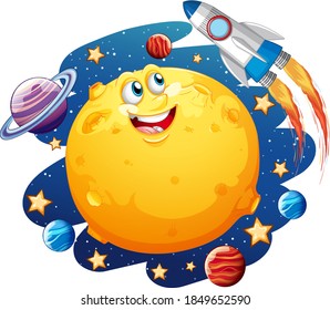 Moon with happy face on space galaxy theme on white background illustration