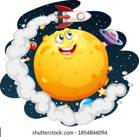 Moon with happy face on space galaxy theme on white background illustration