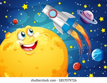 Moon with happy face on space galaxy theme background illustration