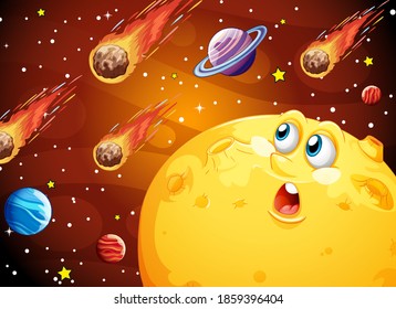 Moon with happy face on space galaxy theme background illustration