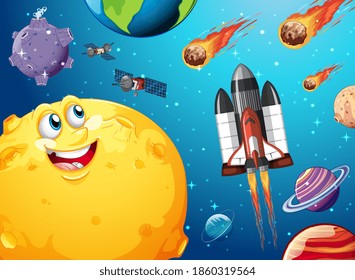 Moon with happy face on space galaxy theme background illustration