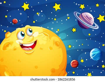 Moon with happy face on space galaxy theme background illustration