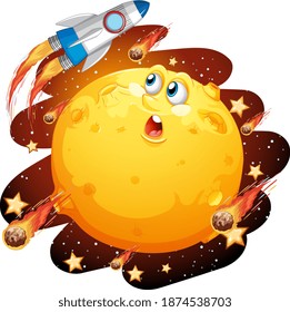 Moon with happy face on space galaxy theme on white background illustration