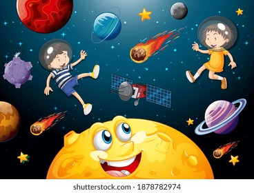 Moon with happy face on space galaxy theme background illustration