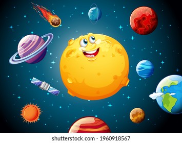 Moon with happy face on space galaxy theme background illustration