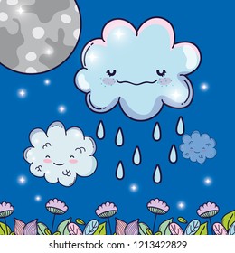 moon with happy fluffy clouds raining