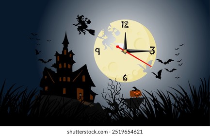 The moon has clock hands to tell time. Float over a dark and terrifying castle on Halloween night. Ghost release night, a joyful time for ghosts.
