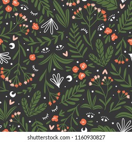 Moon herbs. Vector floral seamless pattern. Cute night design for fabric, wallpaper or wrap paper.