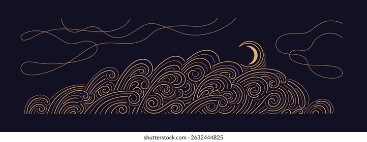 Lua, ondas altas, tempestade. Linha de vetor vintage nuvem fundo. Banner mágico da noite escura. Gráfico abstrato gráfico estético. Contorno editável. Cursos finos horizontais de mar. Ornamento marinho.