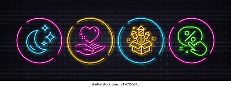 Moon, Hold heart and Fireworks rocket minimal line icons. Neon laser 3d lights. Discount button icons. For web, application, printing. Night dream, Care love, Pyrotechnic salute. Sale price. Vector