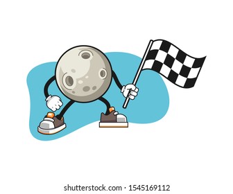 Moon hold racing flag cartoon. Mascot Character vector.