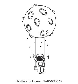 moon holding swing with astronaut. vector illustration