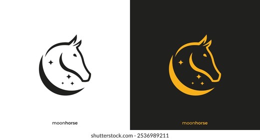 Logotipo Moon Horse. Luar, Crescent Star e Cavalo com Estilo Minimalista. Logotipo Elegance Horse, Ícone, Símbolo, Vetor, Inspiração Design.