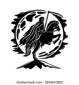 Moon and horseman of death with a scythe on a white background.