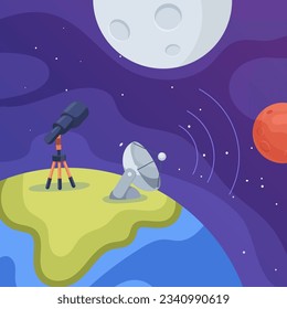 Moon and huge telescope on Earth vector illustration. Cartoon drawing of equipment for space observation, radio telescope, outer space with planets. Astronomy, space, exploration, science concept