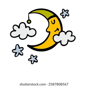 The moon with a human face and a nightcap sleeps among the clouds in the sky. vector illustration from a children book about fairy tales. Stars in space, cartoon character.