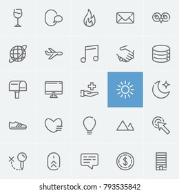 Moon icon with bulb, sneaker and building editable symbols. Set of light, arrow, mail icons and pointer concept. Editable vector elements for logo app UI design.