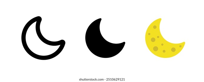 Ícone da Lua. Ilustração do vetor da lua crescente. Símbolo de horário noturno. Pictograma do sono. Sinal de luar amarelo. Conceito isolado do crepúsculo.