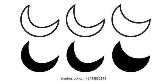 Moon icon, dark night mode icon button, night mode symbol daymode signs, Day night crescent half moon icons in filled, thin line, outline and stroke style Vector.