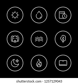 Moon icon with dog, fire and tablet symbols. Set of night, star, sea icons and timer concept. Editable vector elements for logo app UI design.