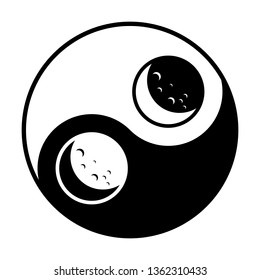 Moon icon illustration. Vector. Black and white icon inside circles of yin and yang symbol at white background.