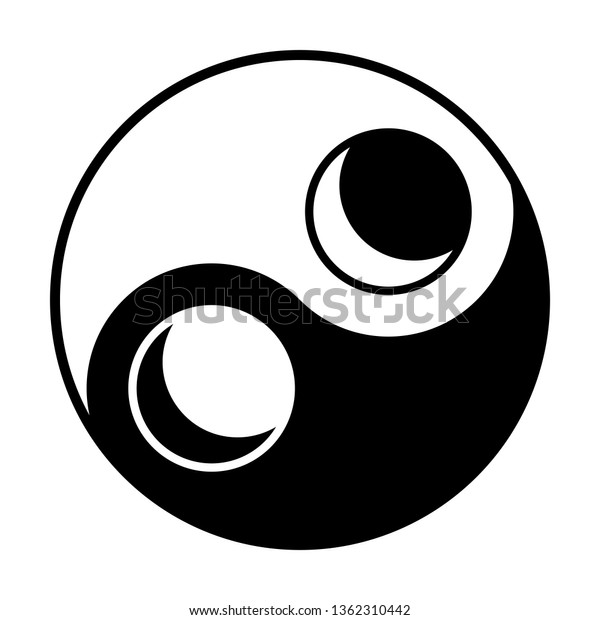 Moon icon\
illustration. Vector. Black and white icon inside circles of yin\
and yang symbol at white\
background.