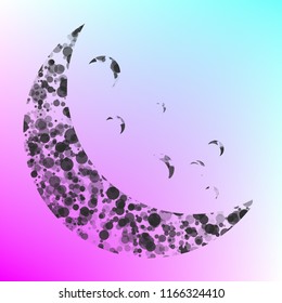 Moon icon illustration. Vector. Gray icon with bubbled texture at color background with pink and sky blue corners.