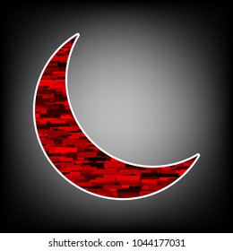 Moon icon illustration. Vector. Icon with white contour and texture from red rectangles at grayish background.