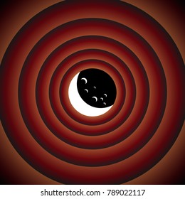 Moon icon illustration. Vector. White icon on black circle in gradient rings.