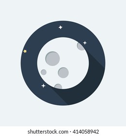 Moon icon, logo. Lunar vector illustration.  Full Moon with Dark night sky with stars background. Flat Design.
