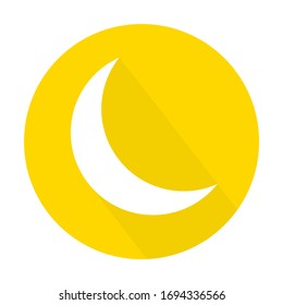 Moon icon logo. Made with long shadow style, on yellow circle. Isolated vector illustration
