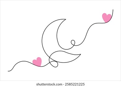 Moon icon one line drawing and isolated continuous outline Islamic vector illustration