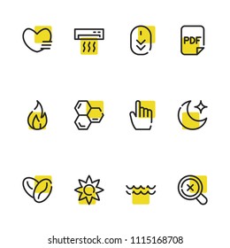Moon icon with pdf, wave and heat symbols. Set of decoration, scroll down, magnify icons and night concept. Editable vector elements for logo app UI design.