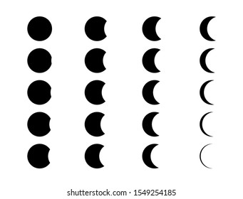Moon icon phases of set. Crescent black sign isolated on white background