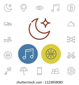 Moon icon with pin, bitcoin and basketball symbols. Set of cryptocurrency, cellphone, music note icons and see concept. Editable vector elements for logo app UI design.
