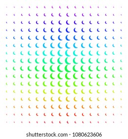 Moon icon rainbow colored halftone pattern. Vector moon objects arranged into halftone grid with vertical spectrum gradient. Designed for backgrounds, covers and abstract effects.