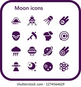 moon icon set. 16 filled moon icons. Simple modern icons about  - Sunrise, Alchemy, Sputnik, Meteorite, Alien, Scythe, Storm, Solar system, Ufo, Planet, Asteroid, Aliens, Night