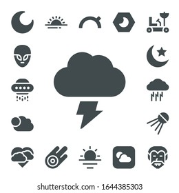 moon icon set. 17 filled moon icons. Included Night, Alien, Ufo, Storm, Cloudy, Sputnik, Sunrise, Asteroid, Evening, Weather, Moon rover, Dracula icons