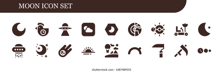 moon icon set. 18 filled moon icons.  Simple modern icons about  - Night, Morning, Aliens, Weather, Planet, Solar system, Moon rover, Ufo, Meteorite, Sunrise, Sky, Evening