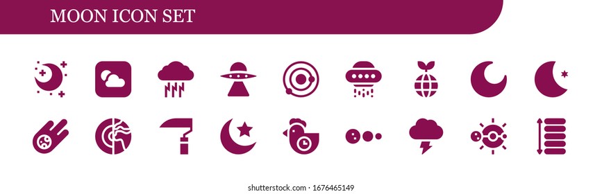 moon icon set. 18 filled moon icons.  Simple modern icons such as: Night, Weather, Storm, Aliens, Solar system, Ufo, Planet, Moon, Meteorite, Scythe, Morning, Spacing