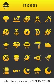 moon icon set. 26 filled moon icons. Included Storm, Ufo, Moon rover, Asteroid, Alchemy, Scythe, Planet, Night, Meteorite, Sunrise, Cloudy, Alien, Solar system, Sputnik icons