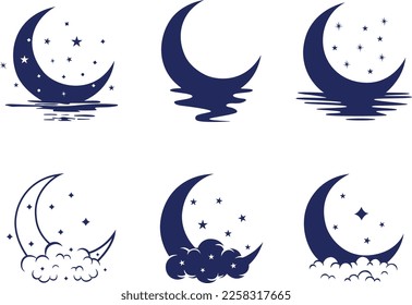 moon icon set in black and white flat style vector illustration isolated on white