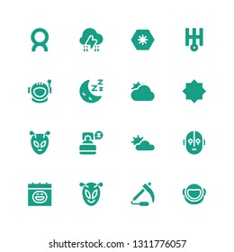 moon icon set. Collection of 16 filled moon icons included Astronaut, Scythe, Alien, Halloween, Science fiction, Cloudy, Sleep, Night mode, Uranus, Day, Storm, Comet