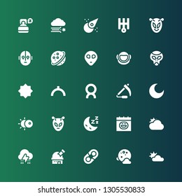 moon icon set. Collection of 25 filled moon icons included Cloudy, Full moon, Hugh, Observatory, Storm, Halloween, Sleep, Alien, Eclipse, Night, Scythe, Comet, Noon, Night mode