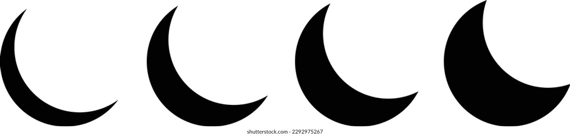 Moon icon set. Crescent icon set. The lunar symbol is in black. Moon phase symbol. Crescent icon in the glyph. Moon phases astronomy icon